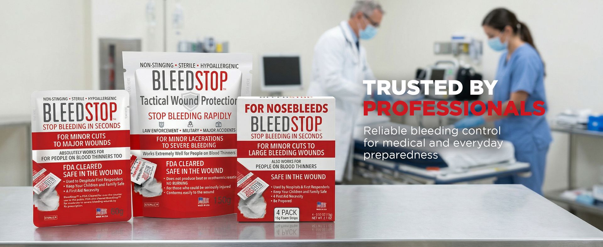 BleedStop™ First Aid Powder for Blood Clotting, Trauma Kit, Blood Thinner Patients, Camping Safety, and Survival Equipment for Moderate to Severe Bleeding Wounds or Nosebleeds - 4 (15g) Pouches