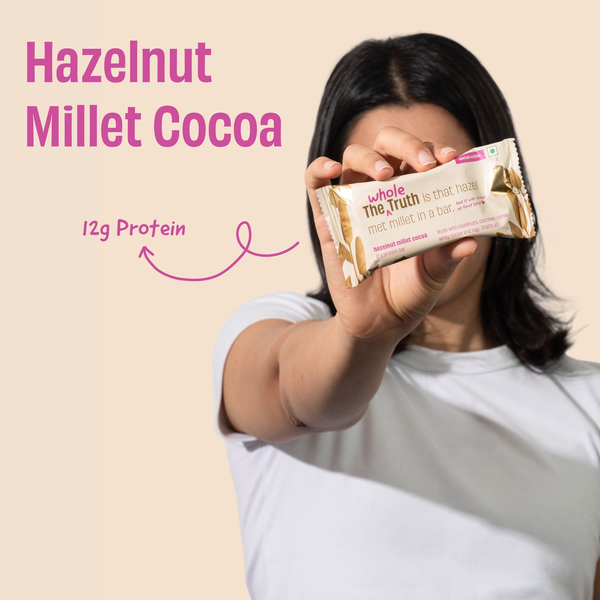 The Whole Truth - Super Crunchy Hazelnut Millet Cocoa Protein Bar 12G | Pack of 5 x 55g | Cleanest Dessert Ever | Real Hazelnuts | Anytime Indulgence