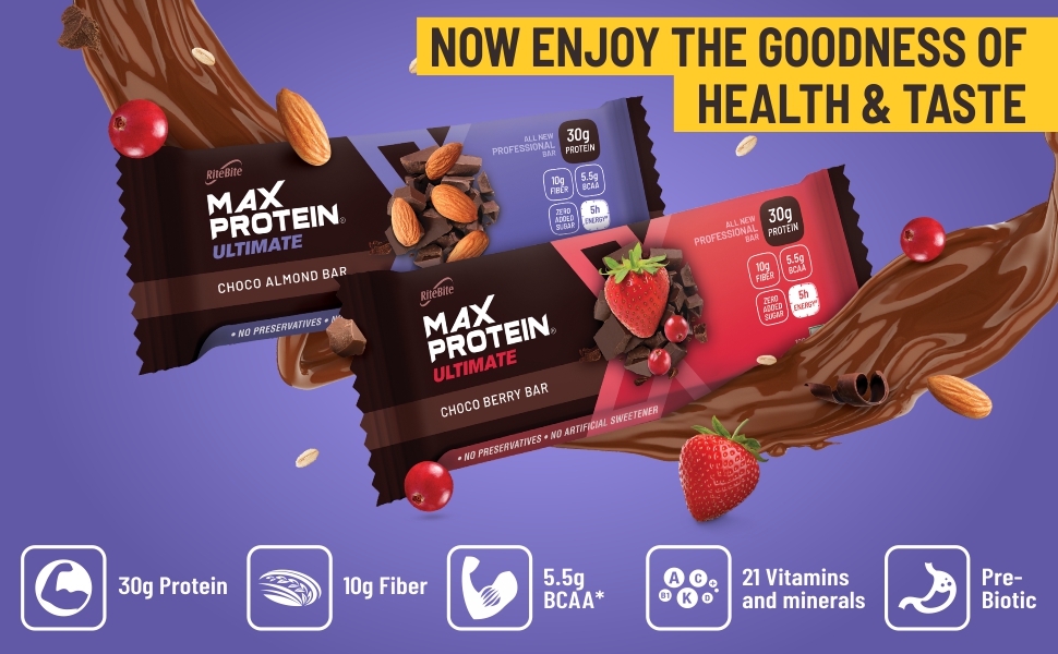 RiteBite Max Protein Ultimate Choco Berry 30g Protein Bars [Pack of 12] Protein Blend, Fiber, Vitamins & Minerals, No Preservatives, No Added Sugar, For Energy, Fitness & Immunity - 1200g