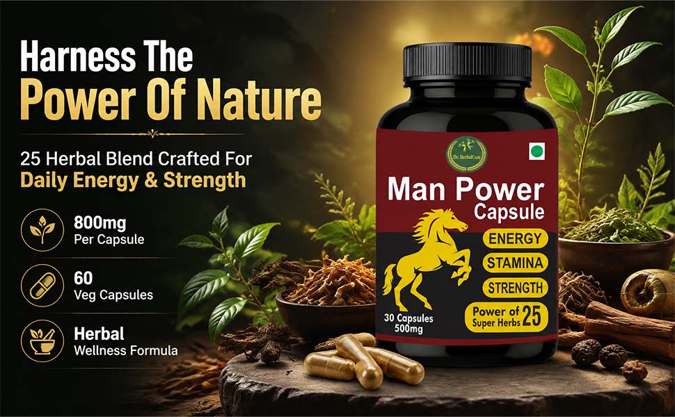 Dr. Playmore Herbal Man Power Capsules | Men’s Energy & Stamina Booster with 25 Ayurvedic Herbs | 30 Capsules
