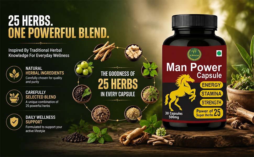 Dr. Playmore Herbal Man Power Capsules | Men’s Energy & Stamina Booster with 25 Ayurvedic Herbs | 30 Capsules
