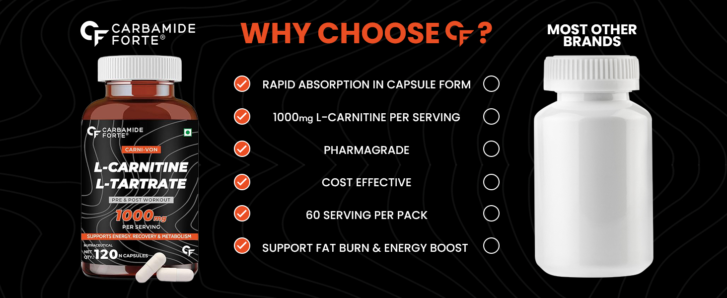 Carbamide Forte L Carnitine Tablets For Men & Women | L-Carnitine TabletsTo Support Energy, Recovery & Metobolism |Helps Convert Fat Into Energy - 120 Capsules