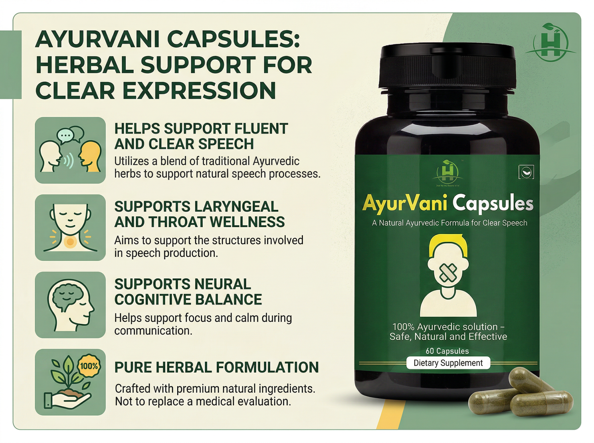 Healthy Nutrition AyurVani Capsules | Ayurvedic Herbal Supplement with Brahmi, Shankhpushpi, Bhringraj & Guduchi | 60 Capsules | Supports Mental Clarity & Overall Wellness