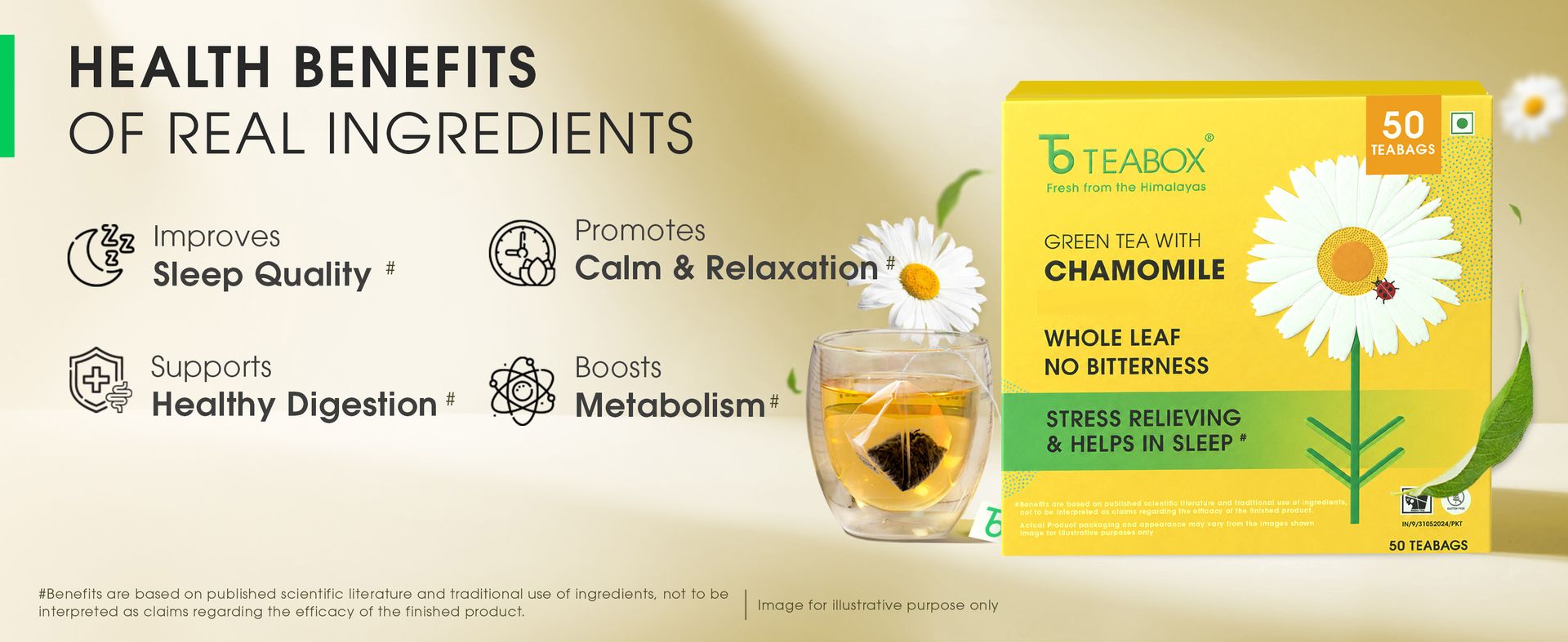 Teabox Chamomile Green Tea 25 Tea Bags | With Egyptian Chamomile Flowers & Whole Leaf Green Tea | Calming Blend for Relaxation & Sleep | Low Caffeine, Fresh & Aromatic (Pack of 2)