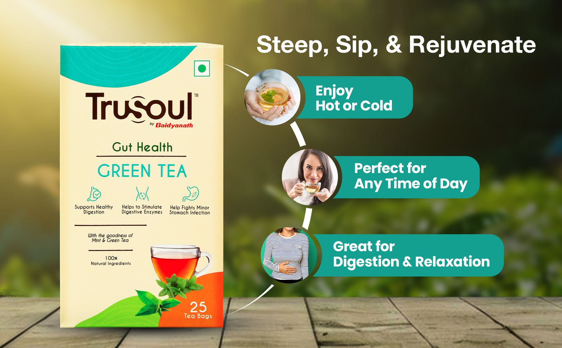 Baidyanath Green Tea for Natural Herbal Gut Health, Blended With Mint,Enriched With Antioxidants, Promotes Healthy Digestive System, Nourishing Herbal Kadha (25 bags) 38 gm