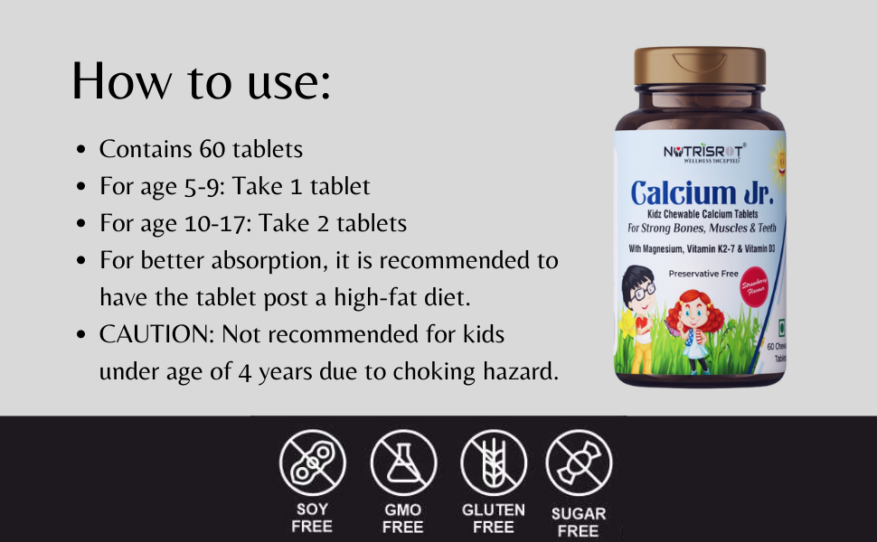 Calcium Jr. Chewable Calcium Tablets for Kids | Strong & Healthy Bones Strength, Muscles, Teeth & Nails with Magnesium, Vitamin K2-7 & Vitamin D3 (60 chewable tabs in Strawberry Flavour)