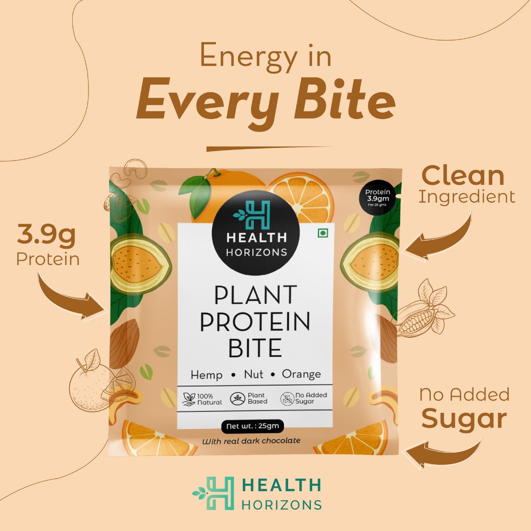 Health Horizons Plant Protein Bites - Orange 25 g (Pack of 12) | Energy Bar | Packed with Dry Fruits