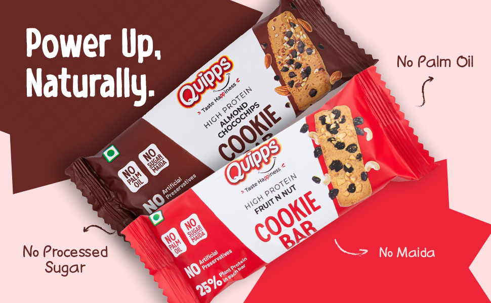 Quipps High Protein Cookie Bars | 25% Protein Multigrain Healthy Energy & Hunger Bar | Fruit & Nut & Choco Chip Healthy Energy Snack Bar | Vegetarian Protein Biscuit for Gym, Fitness & Breakfast | 35g Each x Combo Pack of 10
