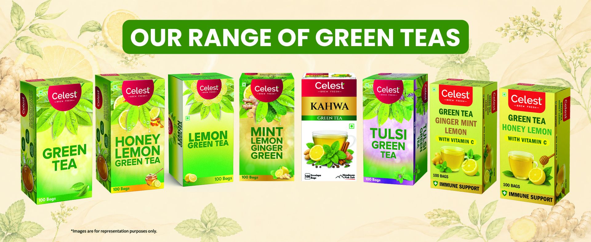 Celest Ginger Mint Lemon Green Tea 400 Tea Bags | Immunity Support | Refreshing & Energizing | Pack of 4