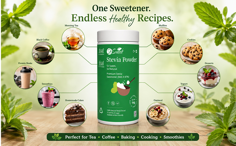 So Sweet Stevia Powder 1kg | Natural Sugar Substitute | Zero Calorie Sweetener for Tea, Coffee & Baking | Keto Friendly | Sugar Free Sweetener