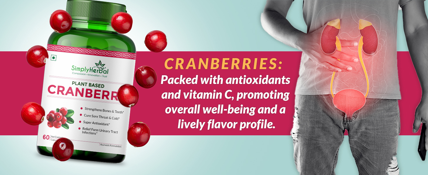 Simply Herbal D Mannose Cranberry Capsules 800 MG Supplement with Powerful Probiotics & Antioxidants Promotes Urinary Tract Health, Strong Bones & Teeth for Women & Men (60 Capsules)