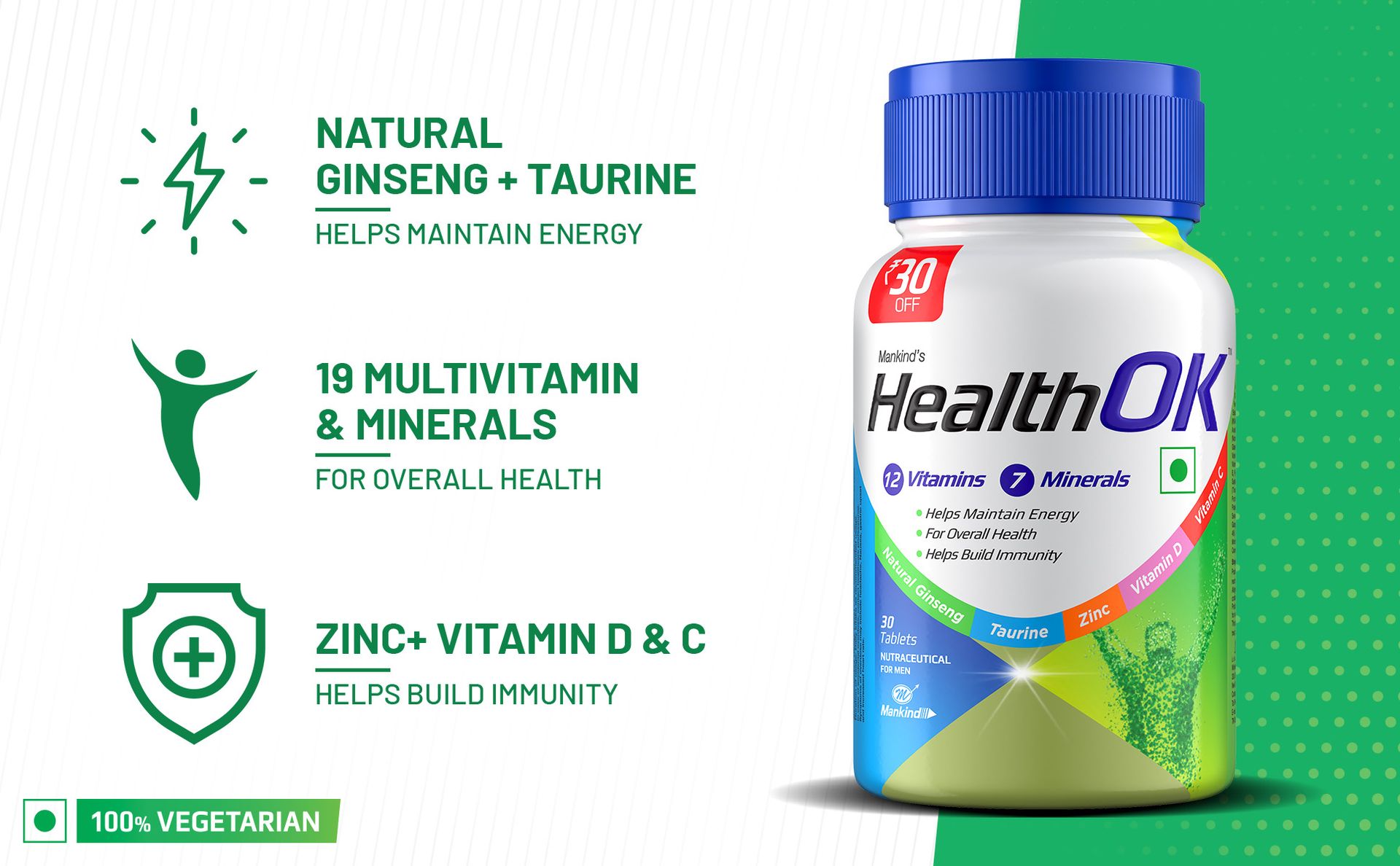 Mankind's Health OK Multivitamin With Natural Ginseng,Taurine Power,Daily Energy,Alertness,Vitamin D,C & Other 18 Multivitamins Minerals,For Overall Health,30 Tablets (Veg) X Pack Of 1, 250 grams