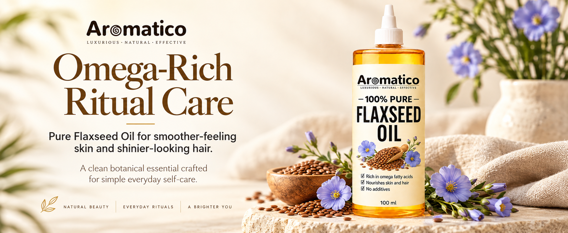 AROMATICO Flaxseed Oil for Skin, Hair, Scalp Massage & Lightweight DIY Beauty Care | Omega 3,6 & 9 Rich for Glowing Skin & Hair Growth - 100ml