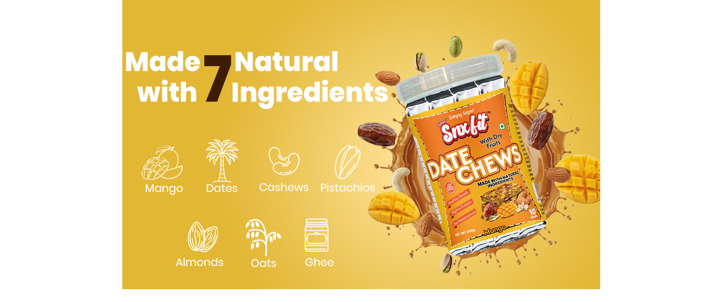 Snxfit Mango Date Chews with Dry Fruits, High in Protein, No Preservatives, 200g, 10 Packs