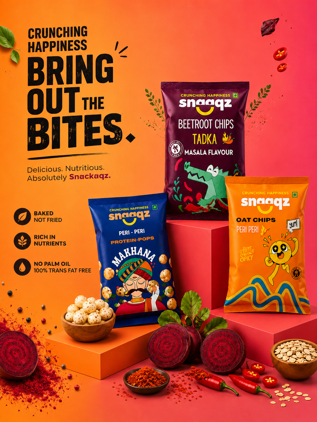 Snaaqz Healthy Snacks Combo (Beetroot Chips, Peri Peri Makhana & Oat Chips) + FREE Peanut Butter | High Protein, Gluten Free, No Palm Oil | Crunchy Diet Snacks Pack