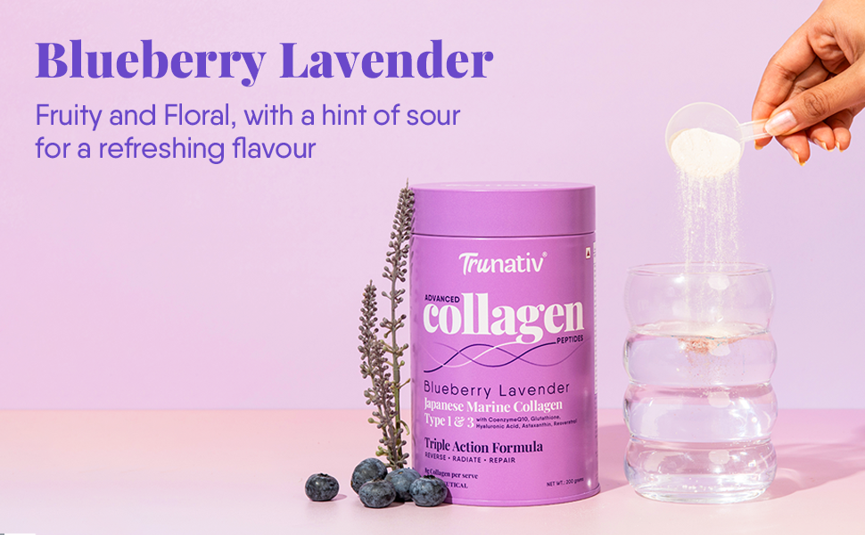 Trunativ Collagen Supplements | Advanced Japanese Marine Collagen Powder for Women & Men | Type 1 and 3 Hydrolyzed Peptides | Supplement with Hyaluronic Acid | Supports Skin Glow, Hair Growth, and Nail Strength | Blueberry Lavender (200g)