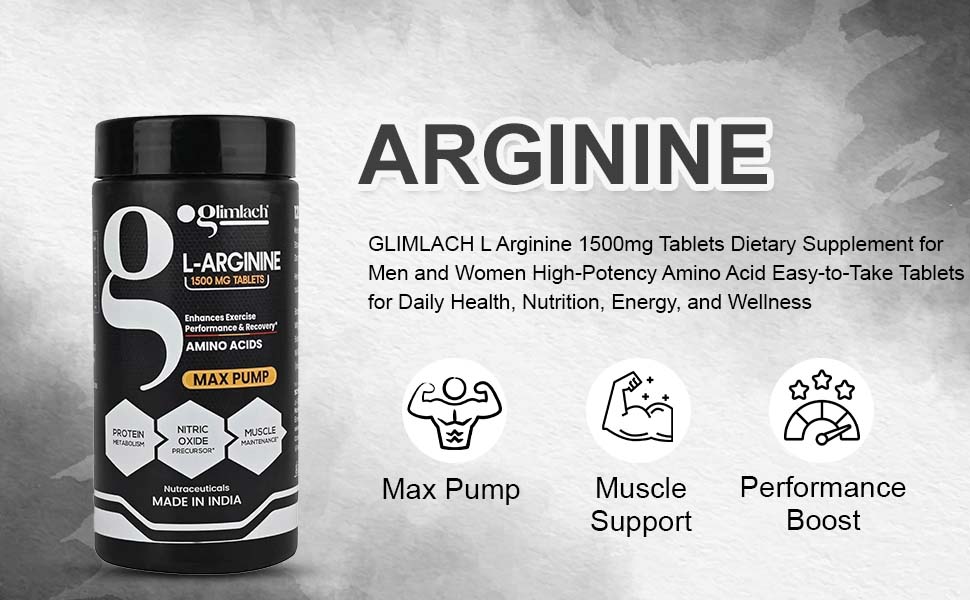 GLIMLACH L Arginine 1500mg Tablets | Dietary Supplement for Men and Women | High-Potency Amino Acid | Easy-to-Take Tablets for Daily Health, Nutrition, Energy, and Wellness | 120 Tablets