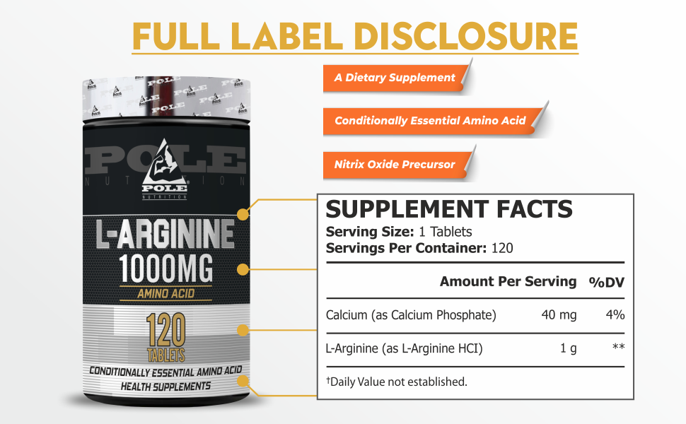 Pole Nutrition L-Arginine - Essential Amino Acid 1000mg | 120 Tablets - Amplify Your Performance with Nitric Oxide Support
