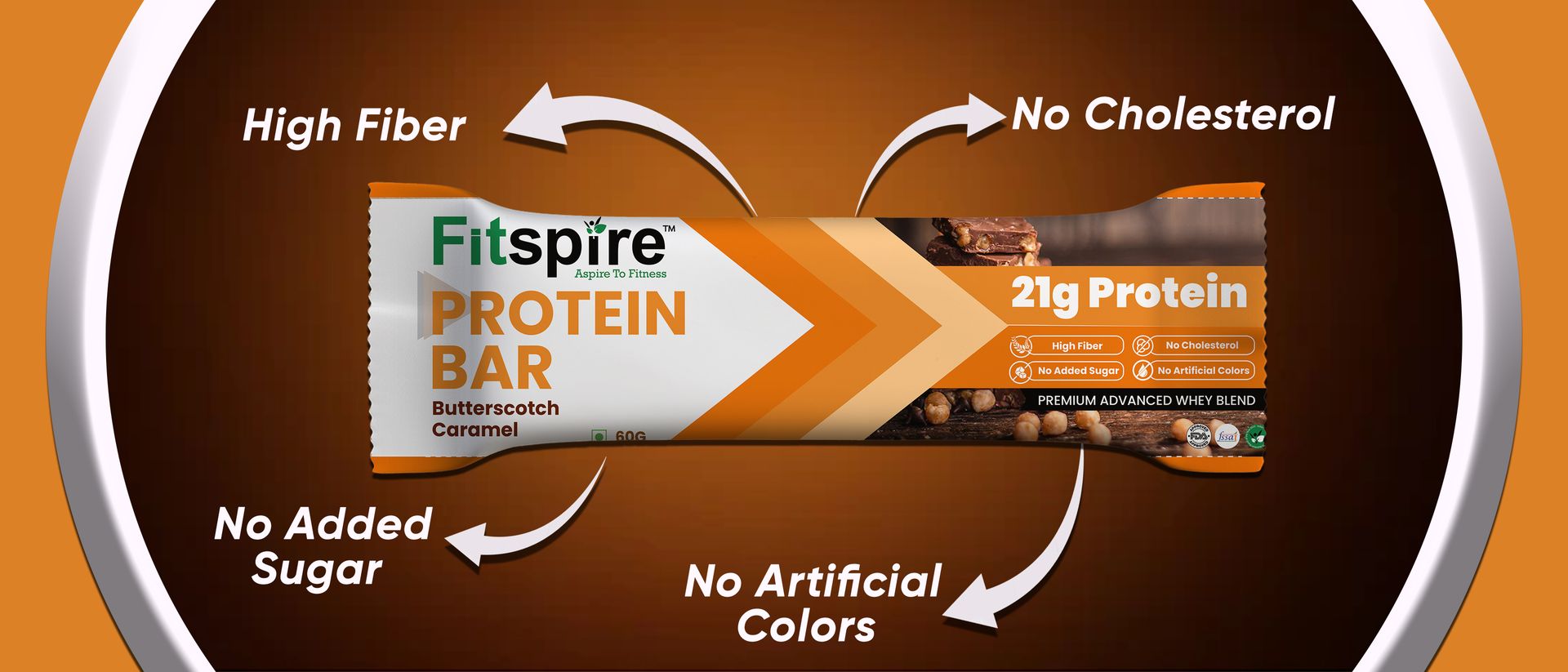 Fitspire Butterscotch Caramel Protein Bar (60g)- 21g Protein from Whey Blend- Low Sugar High Fiber Snack- Supports Muscle Recovery, Satiety and Energy- No Artificial Preservatives