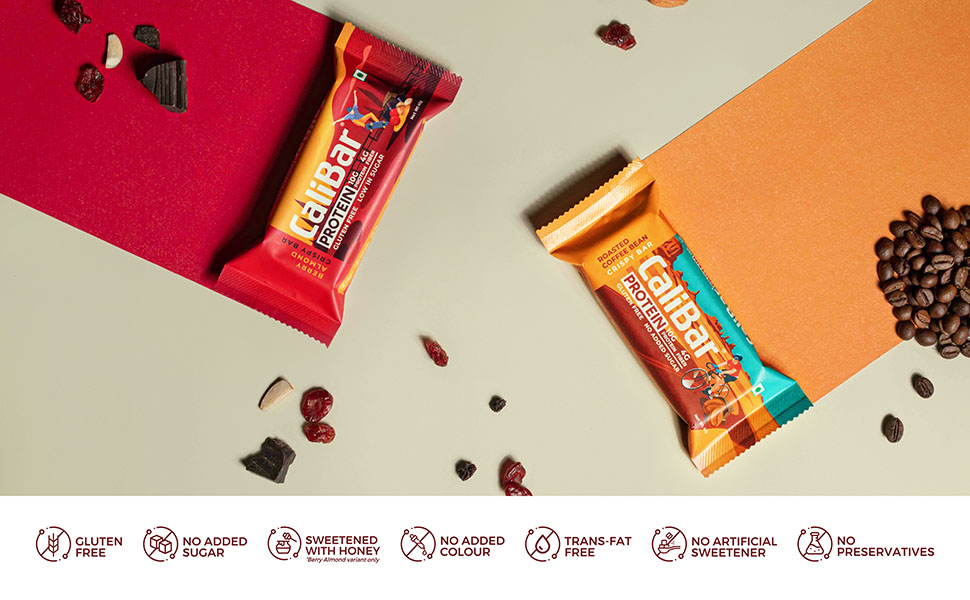CaliBar 10g Protein Bar - Berry Almond + Roasted Coffee Bean (Combo Pack of 8) No Added Sugar, Sweetened With Honey, Gluten-Free, 4g Fiber, No Preservatives, Delicious Taste & 100% Veg (40g x 8 Bars)