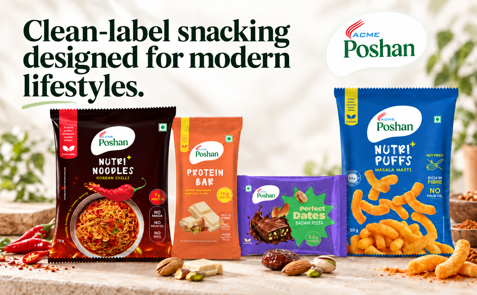 ACME Poshan Snack Variety Pack, Perfect Dates Cocoa Orange Pack of 3, Nutri+ Noodles Indian Masala, Nutri+ Puffs Masala Masti, No Palm Oil, High Protein Healthy Snacks Combo