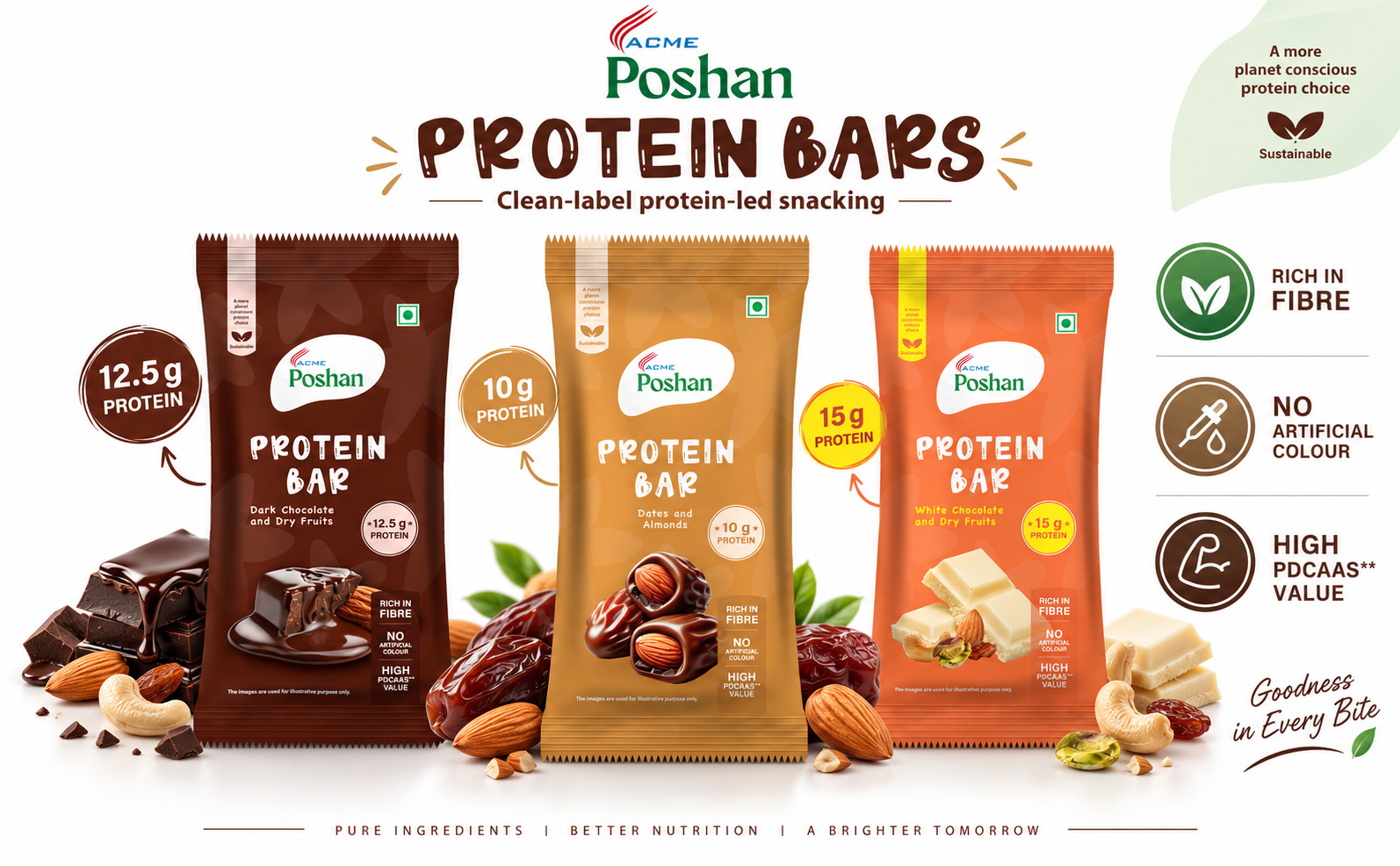 ACME Poshan Protein Bar Variety Pack, White Chocolate, Dark Chocolate & Dates and Almonds, No Artificial Colour, Rich in Fibre, High Protein Snack Bars, Pack of 3 (50g each, 150g Total)