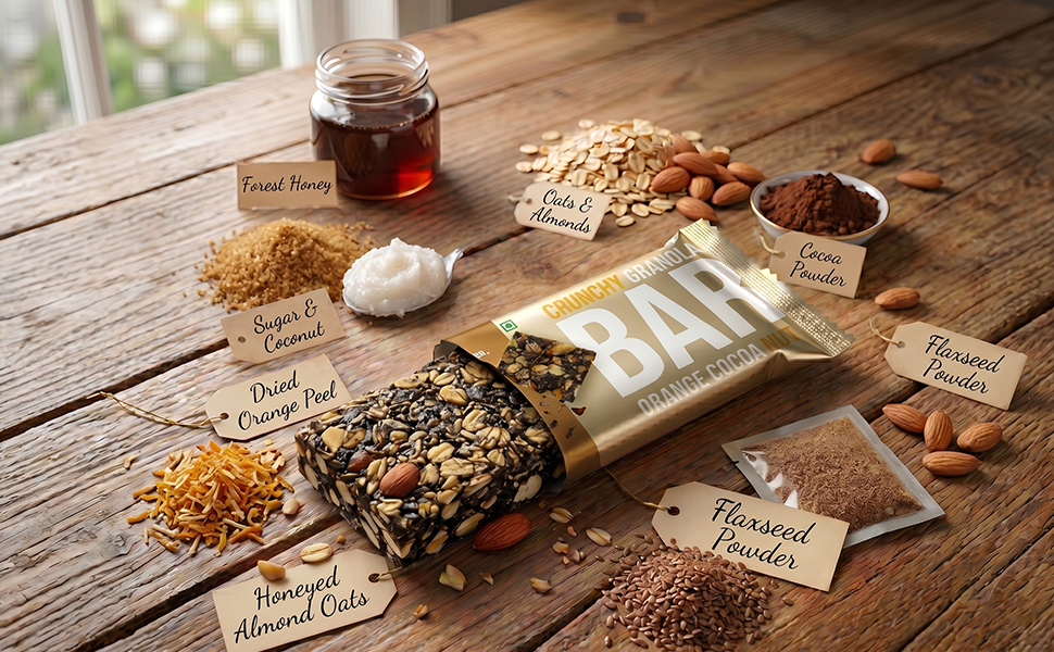 NUEATS co. Crunchy Granola Bar Orange Cocoa Nut Nutritious Oats & Almond Snack Bar Delicious Cocoa Energy Snack for Daily Nutrition Pack of 3