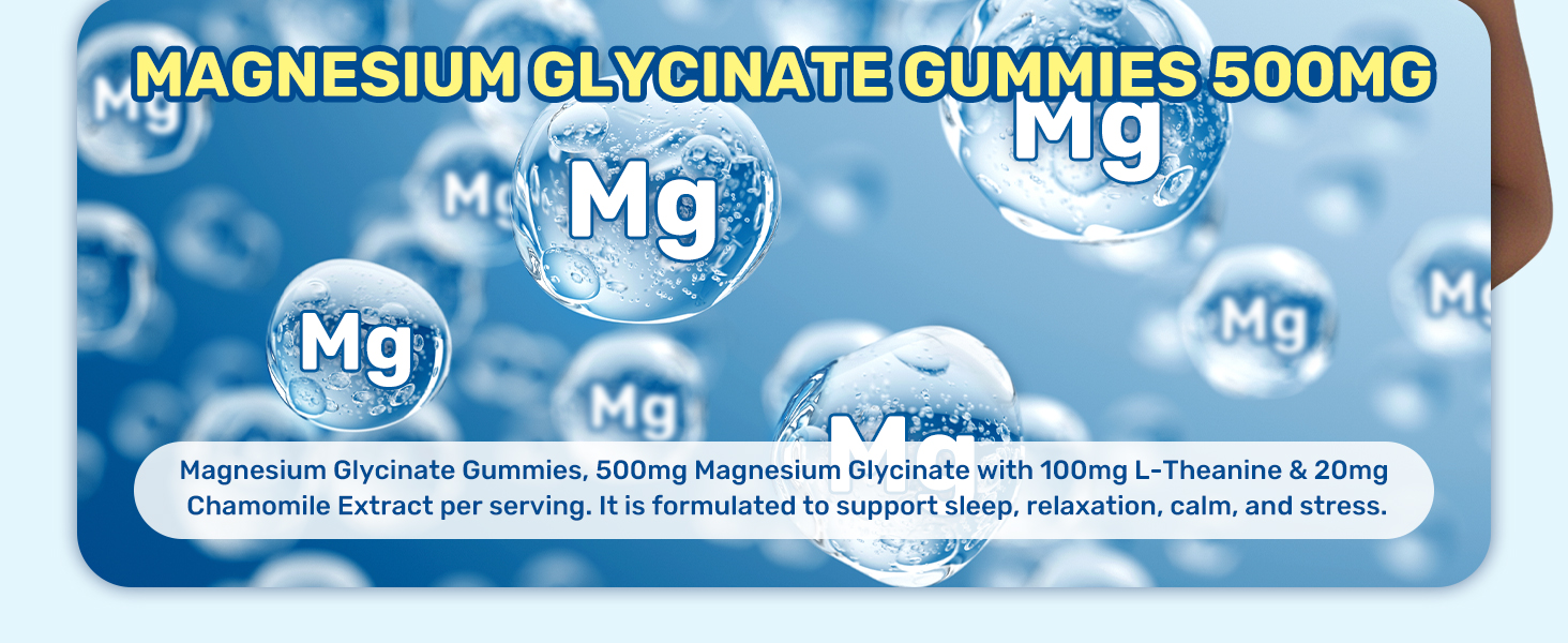 Magnesium Glycinate Gummies 500mg with L-Theanine & Chamomile for Calm, Sleep, Stress Relief, Sugar Free, Vegan, Non-GMO - Strawberry Flavor, 60 Count