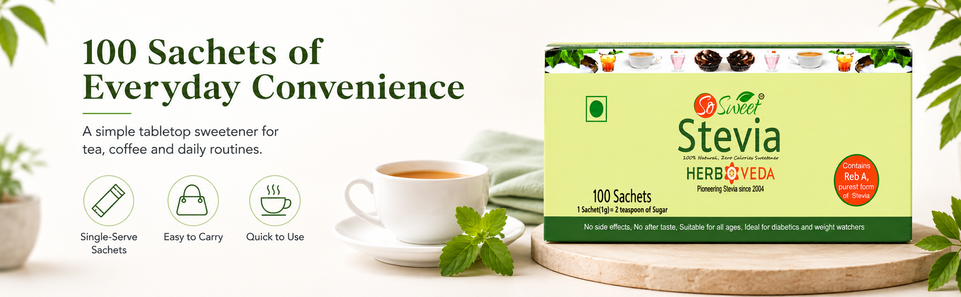 So Sweet Stevia Sachets - Sugar-Free, Natural Low-Calorie Sweetener, 100 Sachets, Ideal for Coffee, Tea, and Cooking, Diabetic & Keto Friendly, Zero Calories, Convenient for Everyday Use