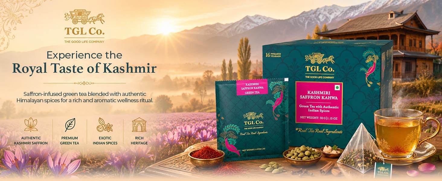 TGL Co. Kashmiri Saffron Kahwa Green Tea (16 Tea Bags) | Saffron-Infused Aromatic Blend | Boosts Immunity & Energy | Supports Digestion | Relieves Stress | Rich & Exotic Flavor (Pack of 2)
