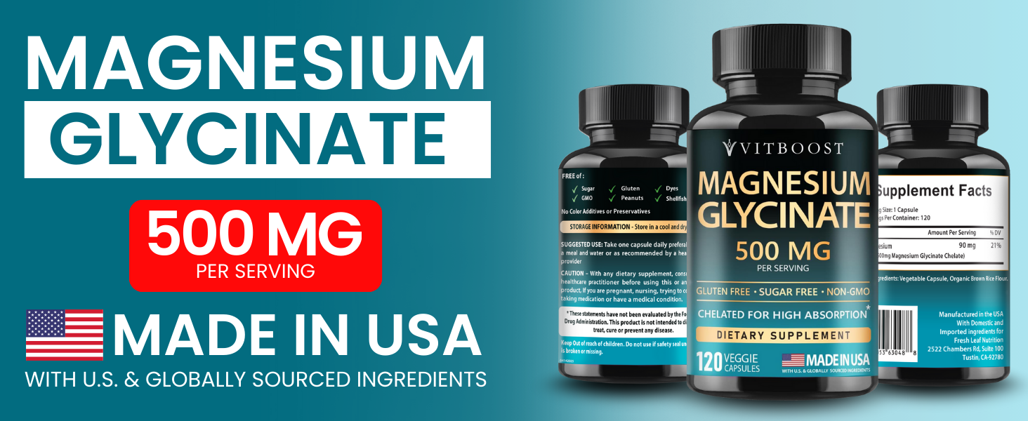 VITBOOST Magnesium Glycinate 500mg - Support Sleep 120 Veggie Capsules