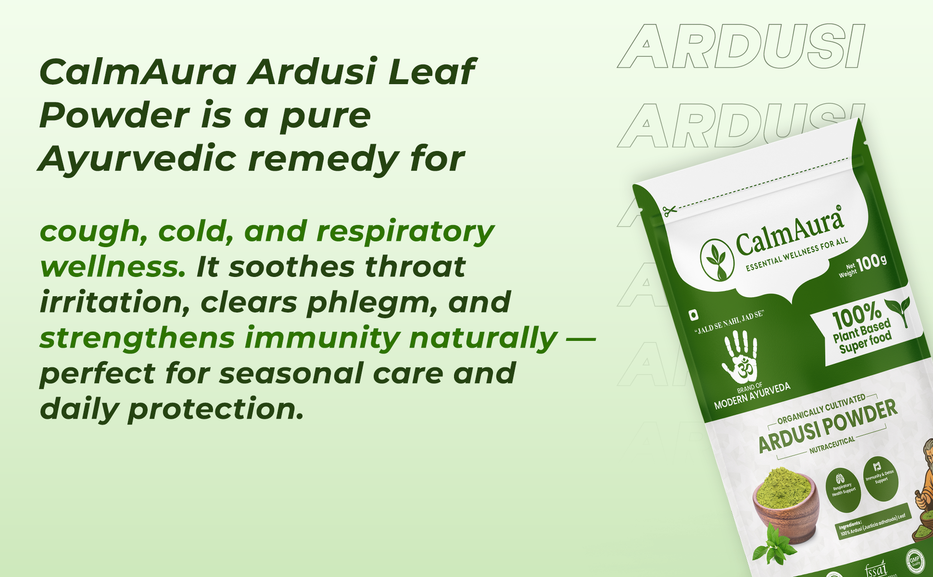 CalmAura Ardusi Leaf Powder (Adhatoda vasica/Malabar Nut) 100% Pure Ayurvedic Herb for Cough Cold Relief & Lung Health | Natural Expectorant & Respiratory Cleanser | Organically Cultivated