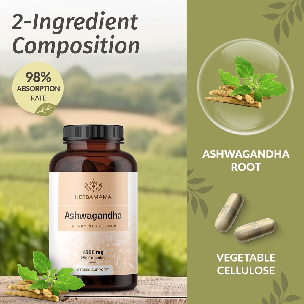 HERBAMAMA Ashwagandha Capsules - 1500mg Pure Ashwagandha Root for Relaxation & Mood Support - Vegan, Non-GMO Focus & Calming Supplement for Adults, 250 Caps 5