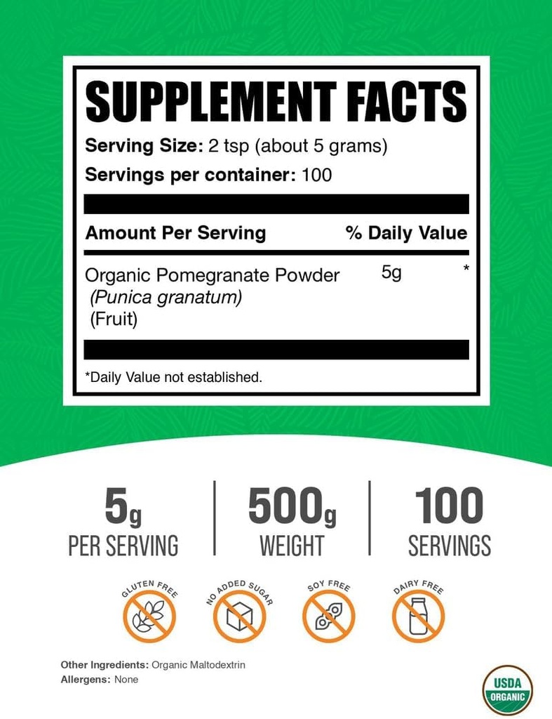 BulkSupplements.com Organic Pomegranate Powder - Pomegranate Supplement for Immune Support, Herbal Supplement - Gluten Free, 5g per Serving, 500g (1.1 lbs) (Pack of 1) 3