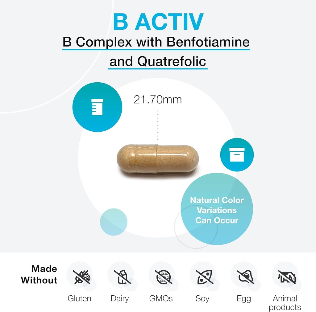 XYMOGEN B Activ Vitamin B Complex with Benfotiamine, Methylfolate, Biotin, Vitamin B6 & B12 (Methylcobalamin b12) - Energy Supplements for Adrenal & Mood Support (180 Capsules) 3