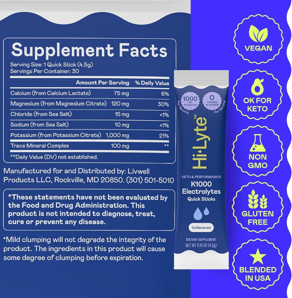 Hi-Lyte K1000 Electrolytes Sticks Unflavored Keto & Performance, 30 Servings 3