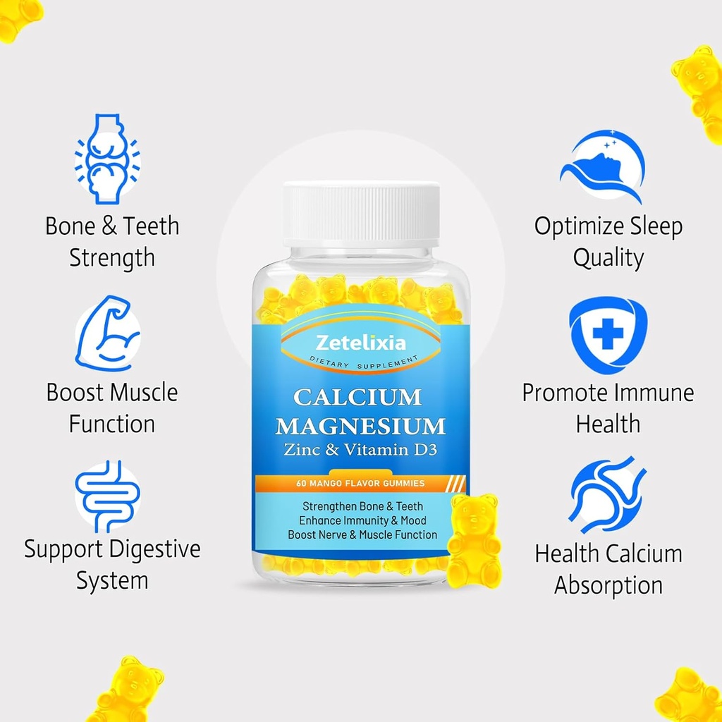 Calcium Magnesium Zinc Gummies for Adults & Kids,Sugar Free Calcium Citrate Supplement,High Absorption Magnesium Glycinate Gummies with Vitamin D3 & K2 - Bone & Muscle & Immune Health(60 Count) 5