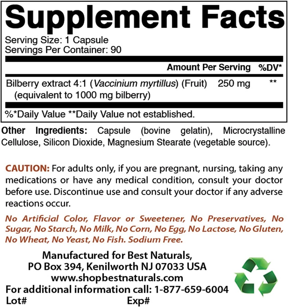 Best Naturals Bilberry Extract 1000mg & Vanadium 2 mg with Chromium 2