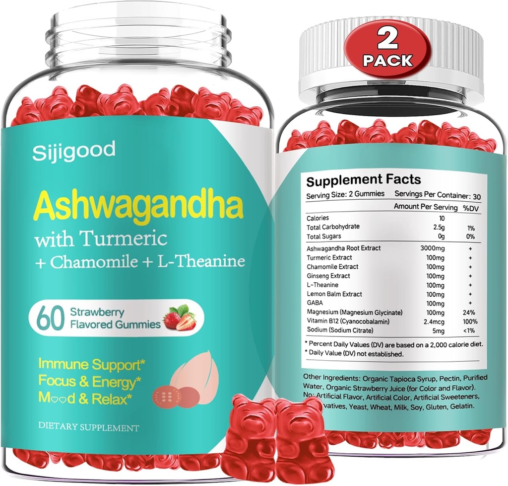 2 Pack Ashwagandha Gummies with L-theanine, Ashwa Root Supplement Gummy for Women Men, 120 Strawberry Flavored Gummies 2