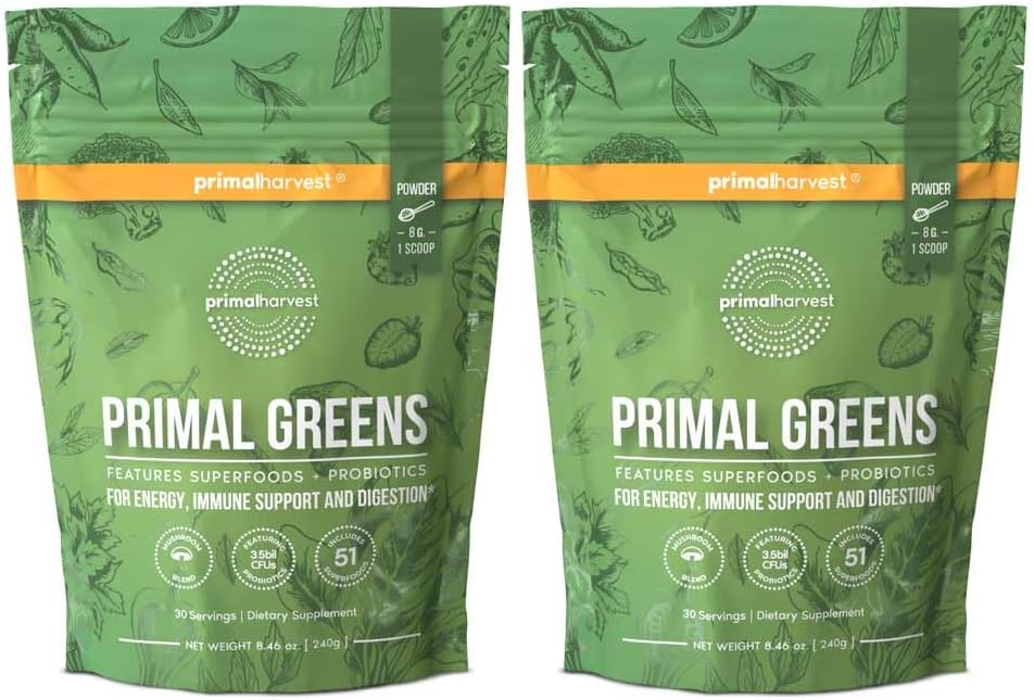 Primal Harvest Primal Greens Powder, 30 Servings Once Daily Supergeens Nutritional Supplement with Spirulina, Mushroom Blend & Probiotics to Support Energy, Wellness, & Digestion 2