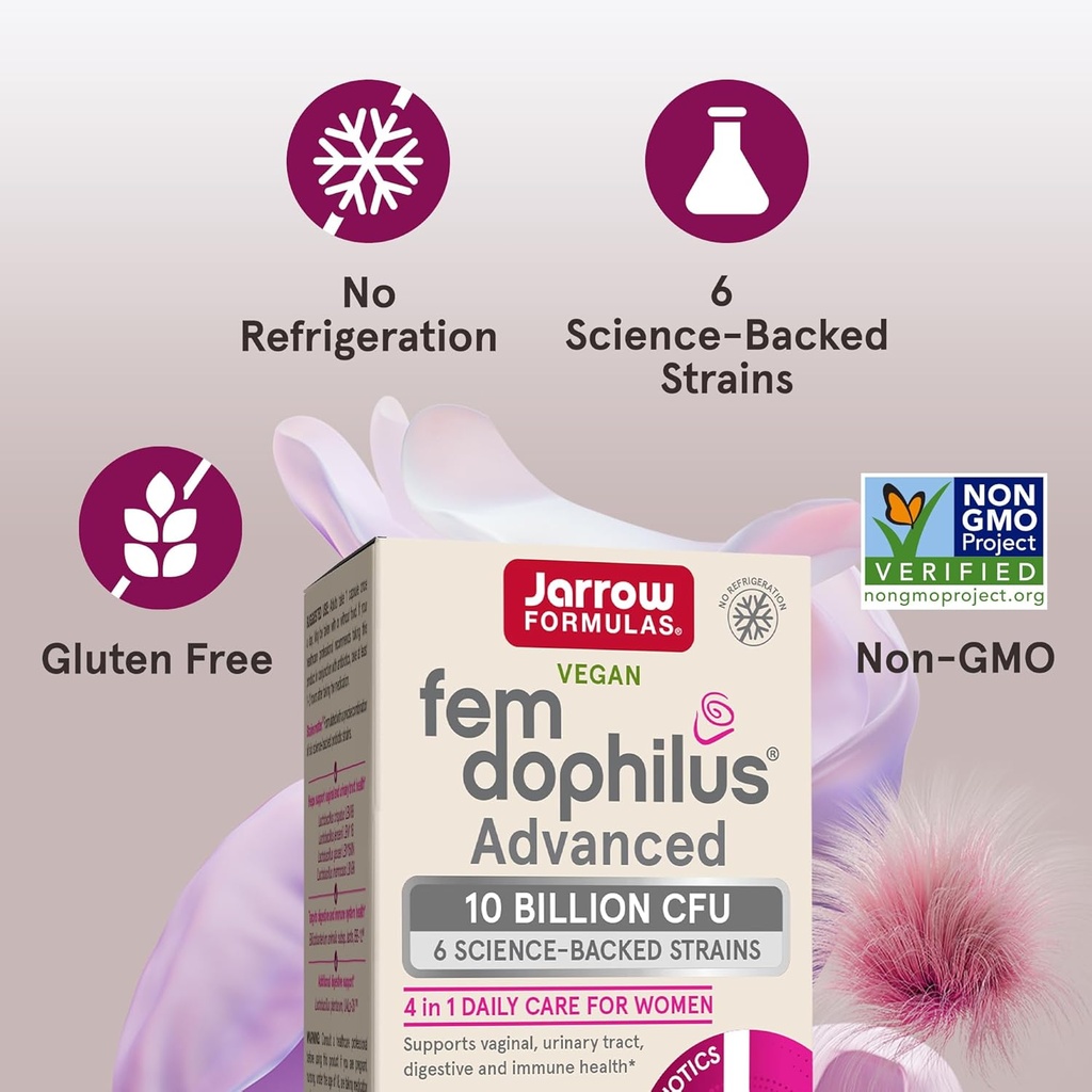 Jarrow Formulas Fem-Dophilus Advanced Probiotics 10 Billion CFU with 6 Science-Backed Strains, for Vaginal, Urinary Tract, Digestive, and Immune Support, 30 Veggie Capsules, Shelf-Stable, Pack of 12 5