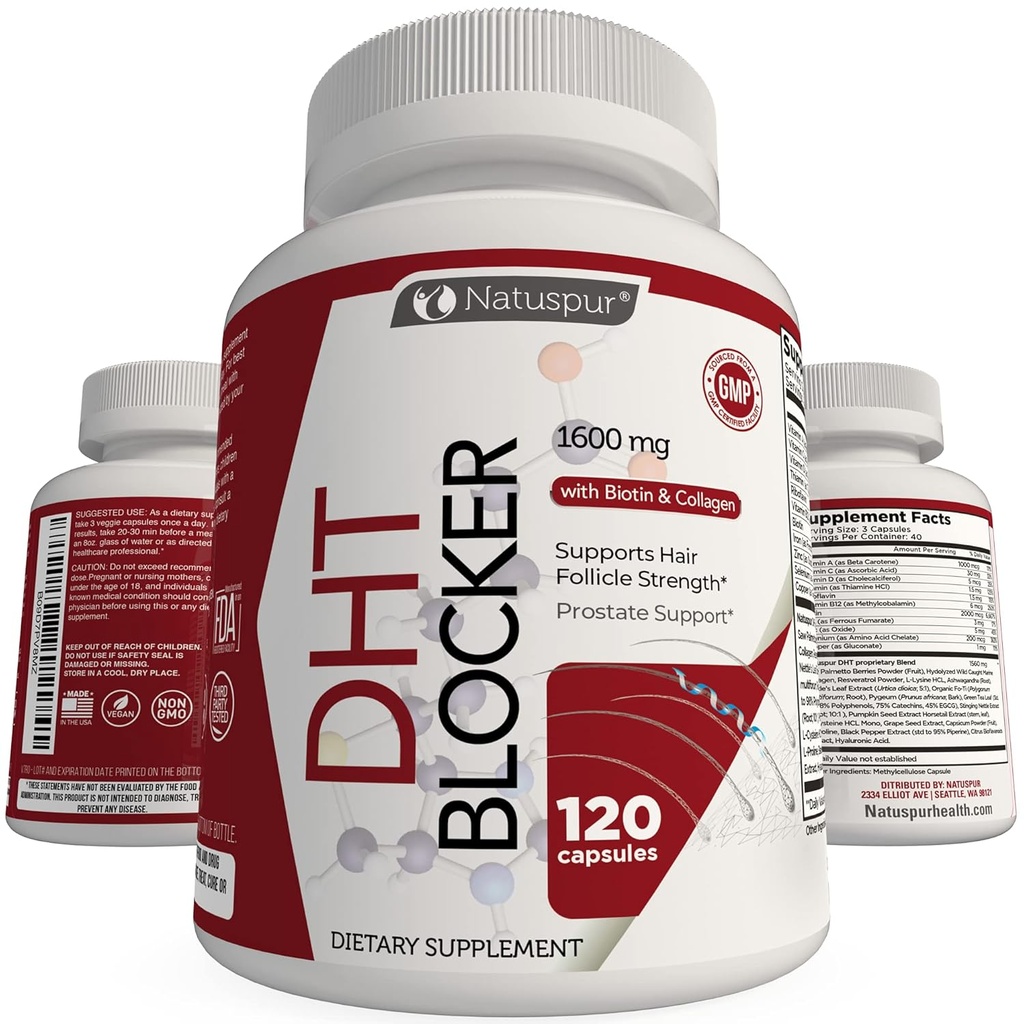DHT Blocker Hair Growth Support Supplement, with Organic Saw Palmetto, Green Tea Extract, Biotin & Collagen for Hair Loss & Boosts Hair Regrowth for Men & Women - Gluten-Free, Vegetarian 2