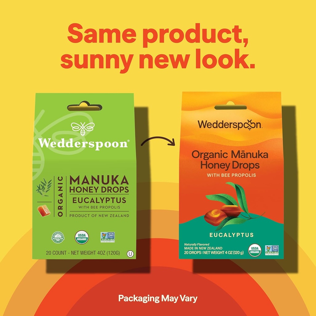 Wedderspoon Organic Manuka Honey Drops, Eucalyptus & Bee Propolis, 20 Count (4oz) (Pack of 1)| Genuine New Zealand Honey | Perfect Remedy For Dry Throats 4