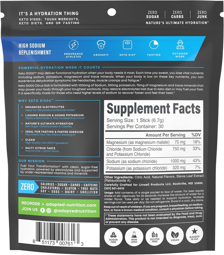 Keto S1000 Electrolyte Powder Packets | Keto and Paleo Friendly | No Sugar, Calories, Maltodextrin | Clean | 30 Citrus Salt Hydration Stick Packs 4