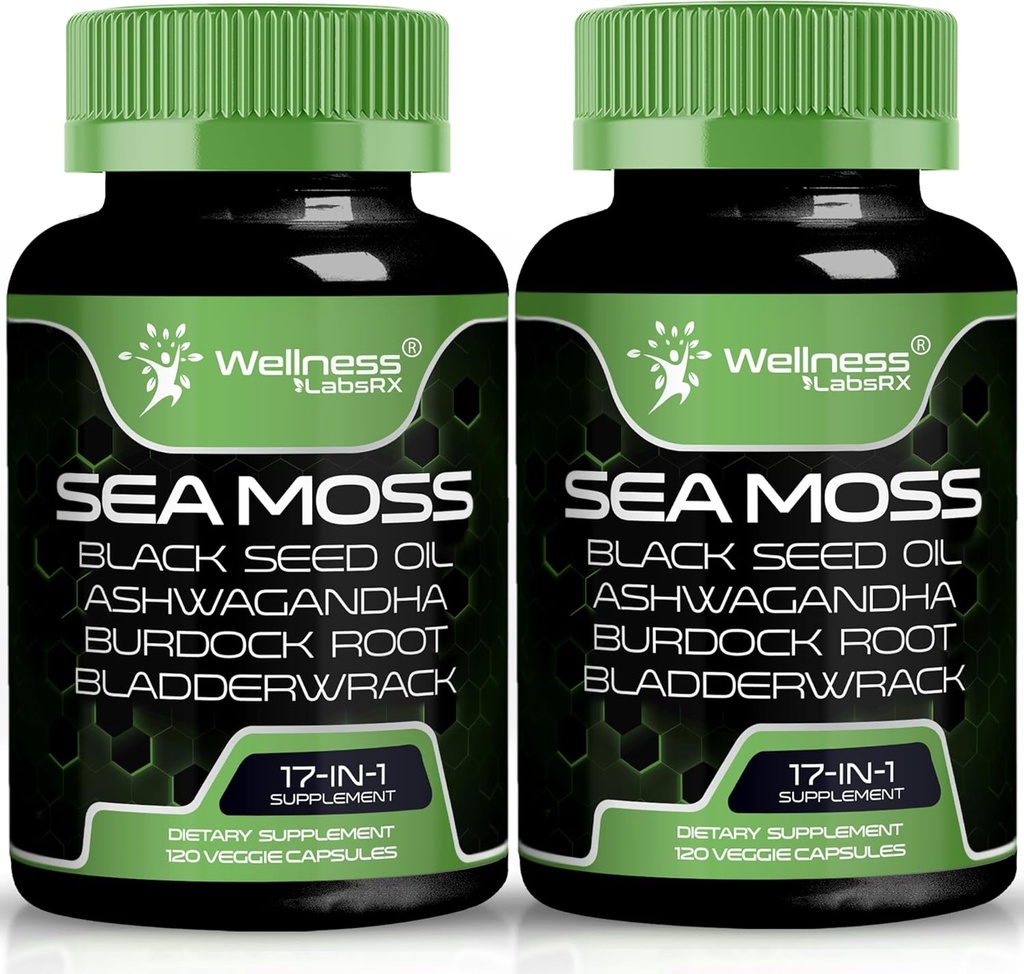 Irish Sea Moss Capsules, 17-in-1, Seamoss Black Seed Oil, 120 Count, Ashwagandha Burdock Root Organic Bladderwrack Capsules | Organic Sea Moss Advanced, Immune and Blood Pressure Support 2