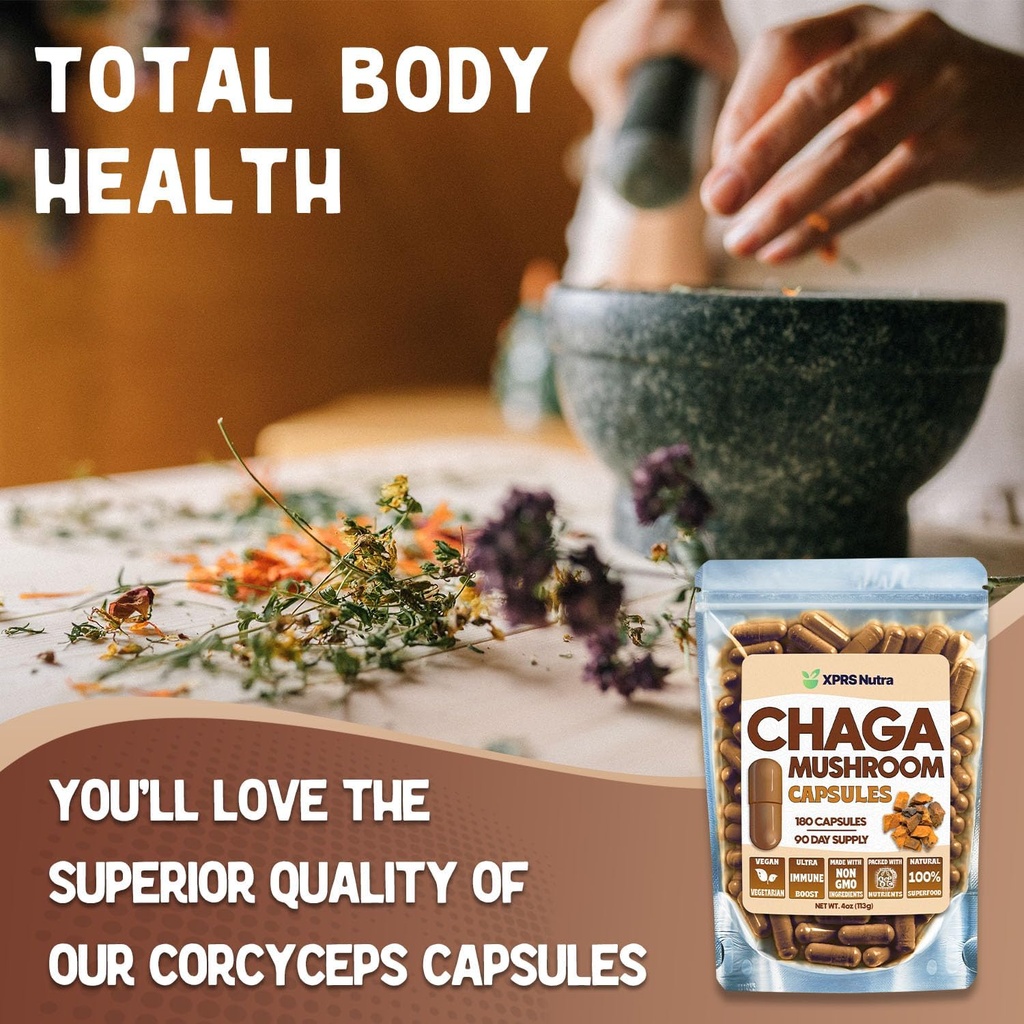 XPRS Nutra Chaga Mushroom Capsules - Premium USDA Chaga Mushrooms Capsules- Encapsulated Chaga Mushroom Powder for an Immunity Boost - Vegan Friendly Superfood for Chaga Tea and Beverages - 180 Count 4