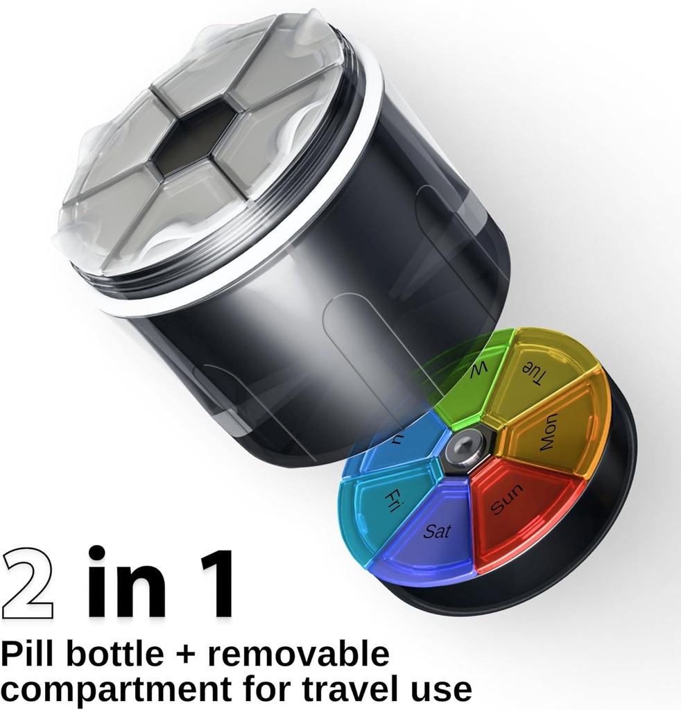 Large Supplement Organizer Bottle - Pill Dispenser 2 in 1 - Big Vitamin Holder and Portable Magnetic Pill Box with 7 Compartments Medication Storage Container Sorter with Labels Travel Medicine Case 3