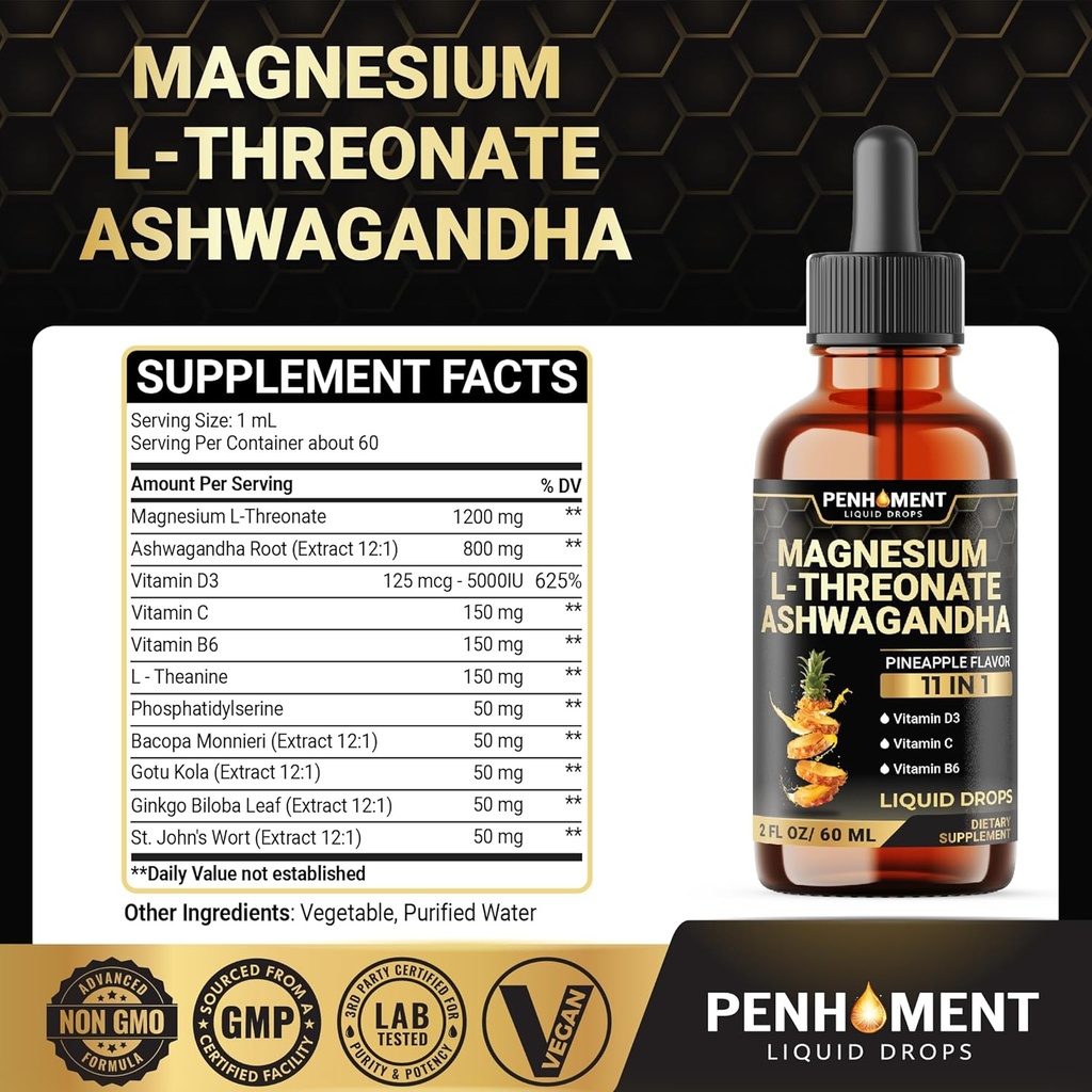 11in1 Magnesium L-Threonate Liquid Drops with Ashwagandha, Vitamin D3, Vitamin C, Vitamin B6, and 6 More - Brain Support - Pineapple Flavor - 2 FL OZ for Full 2-Month 3