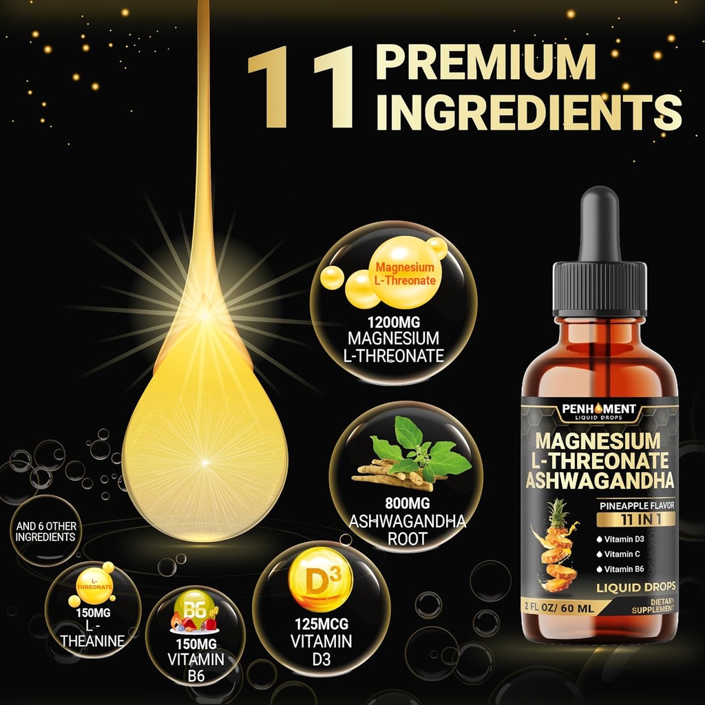 11in1 Magnesium L-Threonate Liquid Drops with Ashwagandha, Vitamin D3, Vitamin C, Vitamin B6, and 6 More - Brain Support - Pineapple Flavor - 2 FL OZ for Full 2-Month 4