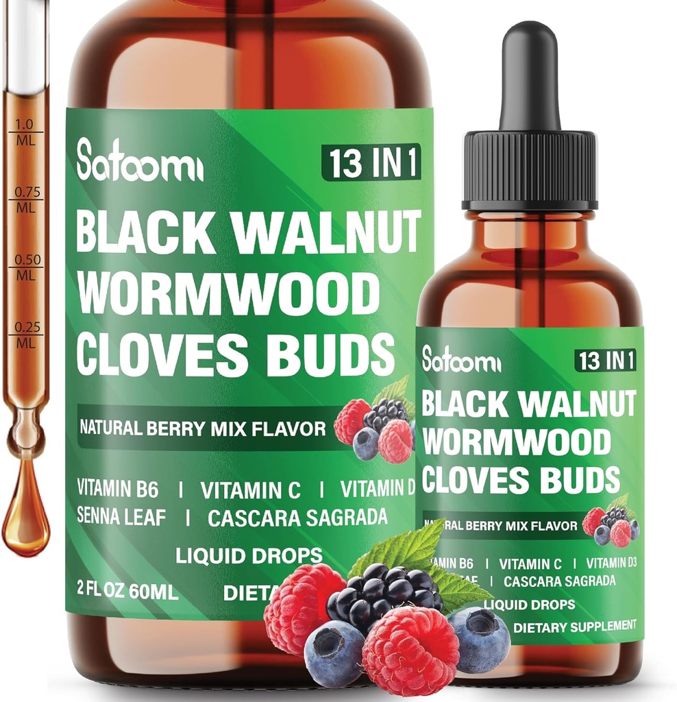 Satoomi 13in1 Black Walnut Liquid Drops with Wormwood, Cloves, Vitamin B6, Vitamin C, Vitamin D, Senna, Cascara Sagrada and 5 More - 2 Fl Oz for 60 Days - Berry Mix Flavor 2